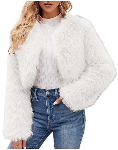 AMhomely Womens Faux Fur Coat Short Plus Size Cropped Furry Jacket Fluffy Coats For Dress Open Front Bolero Faux Fur Shrug Elegant Fake Fur Jacket Solid Soft Fuzzy Thick Winter Warm Jacket White M