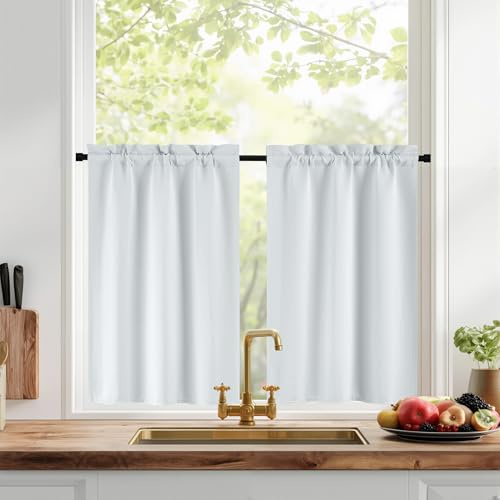 PONY DANCE Grau-weiß Scheibengardine Blickdicht Küche Vorhänge Kurz | 2er Set H 120 x B 60 cm, Gardinen Wohnwagen, Thermovorhang Hitzeschutz, mit Stangendurchzug, Verdunklungsvorhänge