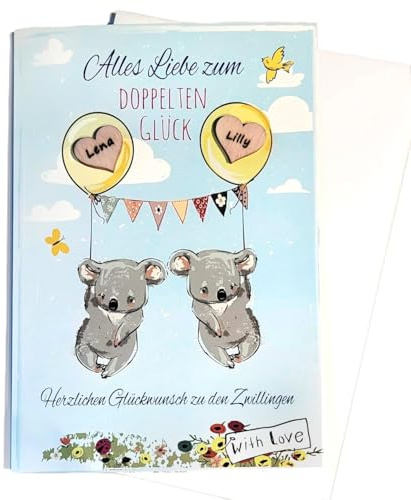 Karte zur Geburt, Zwillinge, Zwillingskarte, Baby, Koala, Geburt, mit Name, personalisiert,Nachwuchs (rosa-rosa)