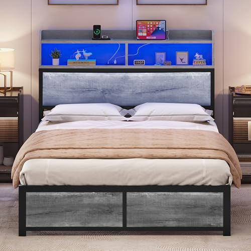 YITAHOME Sängram LED med huvudgavel USB-anslutningar och laddningsutgångar metallplattform-sängram med 2 hyllor, ingen madrass krävs, grå 219 x 154 cm