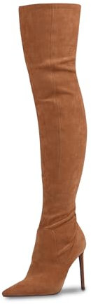 GENSHUO Overkknästövlar för kvinnor med 11 cm hög klack, stretchig, sexig, spetsigt tåparti, stiletto-långa stövlar, 36–42 EU, Brun mocka, 38.5 EU
