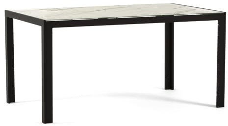 Milo Table rectangulaire 150 x 90 cm, pour intérieur et extérieur, en aluminium laqué, verre décoré, adaptable pour cuisine, salle à manger, terrasse, jardin, pour 6 personnes, marbre blanc, pieds