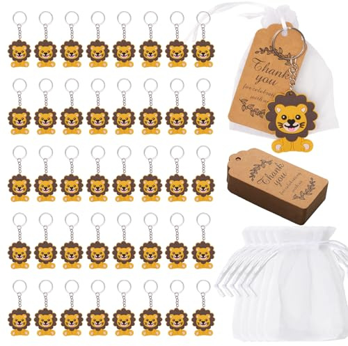 Pilikoll 30 Stücke Gastgeschenke Schlüsselanhänger Löwe Schlüsselanhänger | mit weiße Organza Taschen und Kraftpapier, für Baby Shower Dschungel Party Kinder Geburtstag Geschenk, Löwe Anhänger