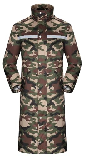 Coutyuyi Homme Veste de pluie imperméable à long manteau de pluie pour capuche réutilisable Vêtements de pluie légers réfléchissants（Camouflage vert armée,L）