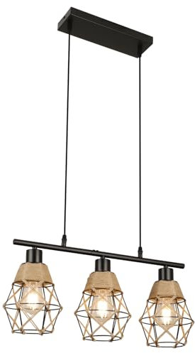 FORCOSO Pendelleuchte Esstisch 3 Flammig, Esszimmerlampe Schwarz Metall Juteseil Hängelampe E27 Esstischlampe Hängeleuchte Höhenverstellbar, Industrie Vintage Küche Esszimmer Esstisch Lampe Hängend