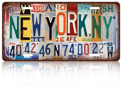 Vintage City License Plate New York,Ny Wall Decor Metal Tin Sign for Bar Home Bedroom 12 x 6 Inches （Including latitude and longitude）