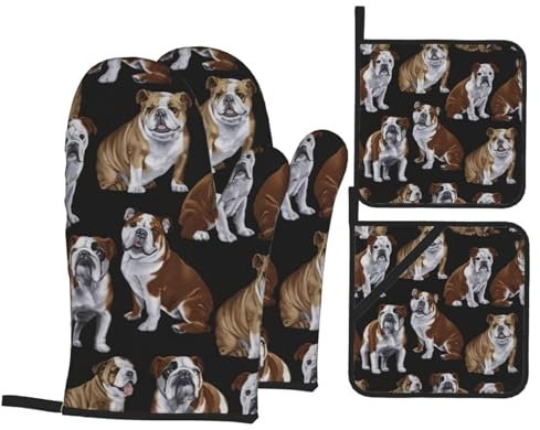 Ofenhandschuhe und Topflappen, Motiv: Englische Bulldoggen, hitzebeständig, Geschenk zum Kochen, 4 Stück
