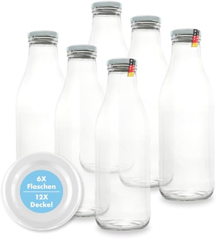Flaschenbauer - Milchflaschen 1 Liter 6er Set - weiße Glasflaschen zum Befüllen, Glasflasche mit Twist-Off Deckel TO48 & Ersatzdeckel, Saftflaschen, Smoothie Flasche, Vorratsflaschen, Made in Germany