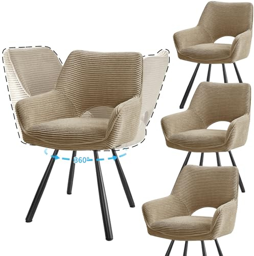 JIJIAN 4er Set Esszimmerstuhl Drehbar mit Armlehne, Drehbar 360°, Küchenstuhl, Moderner Polsterstuhl mit Stoffrückenlehne für Küche, Esszimmer, Schlafzimmer, Braun