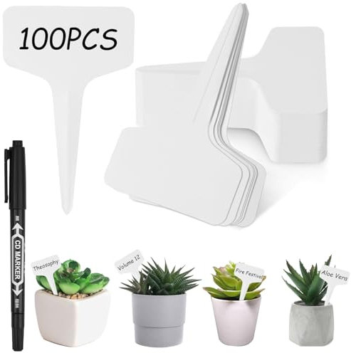 AOOTE Etiquetas Plantas Plastico, 100 Piezas Marcadores De Planta En Forma De T, Marcadores de Jardín Reutilizable con 1 Bolígrafos Negros para Semillero, Semillas, Plantas e Hierbas, 10x6cm