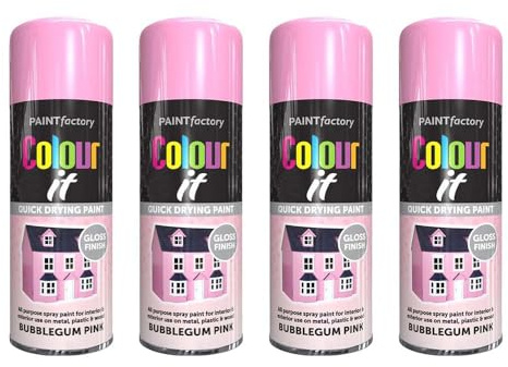 Spray Paint Bubblegum Pink Gloss Finish 400ml Pack of 4 - Quick Dry Aerosol Can All Purpose for Wood, Metal, Plastic, Interior & Exterior