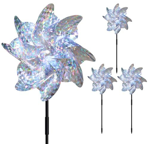 lvzhen 4Pcs Reflective Bird Scarer Windmill | Triangle Double Sided Holographic Reflective Pigeon Deterrent Bird Repellent Windmill | Wind Spinners for Garden Home (Height 52cm)