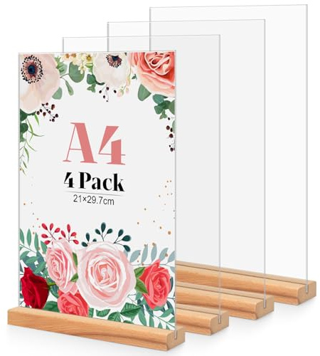 4 Pezzi Espositore Plexiglass A4, Legno T forma Porta Cartelli in Acrilico Porta Fogli Cornice Plexiglass Trasparente Porta Menu Da Tavolo con Base in Legno Per Ristorante, Caffetterie, Ufficio, Foto
