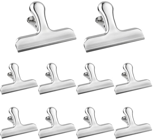 Lot de 10 pinces de fermeture en acier inoxydable - Grands clips en métal de 78 mm - Clips de fermeture en métal - Clips de charnière en métal pour sacs, emballages alimentaires, photo (argenté)