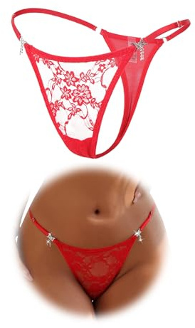 sunshinelady G String Tanga Sexy Dünn Damen Thong Spitze Brazilian Slip Große Größen Verstellbare Unterwäsche mit Strass Atmungsaktive Unterhose Mini Panties Low Rise Hipster Höschen Dessous Rot,S