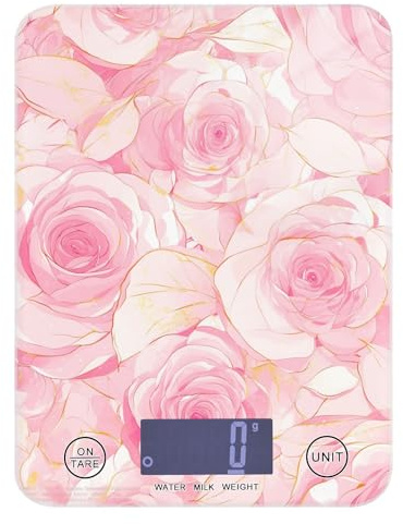 Balance de cuisine numérique étanche avec 4 unités pour la cuisson et la perte de poids (piles non incluses) - Motif roses romantiques - 5 kg/5 g - Rose