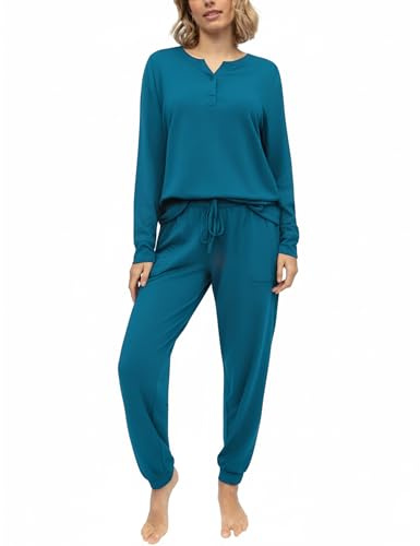 Bresdk Ladies Pyjamas for Women with Buttons Cotton Cozy Womens Nightwear with Pockets Blue Green L