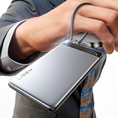 LISEN Mini Power Bank 10000mAh Batería Externa Carga Rapida con 22.5W Cable USB-C, Bateria Portatil Pequeña Ultra Slim Powerbank para iPhone 16 15 Samsung Xiaomi Android etc