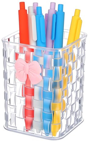 Acrylic Pen Holder for Desk Clear Makeup Brush Holders with Woven Texture and Bow Stylish Acrylic Pencil Holder for Desk, Pen Cup Organizer Caddy for Office, Home, School, or Cosmetic(Transparent)