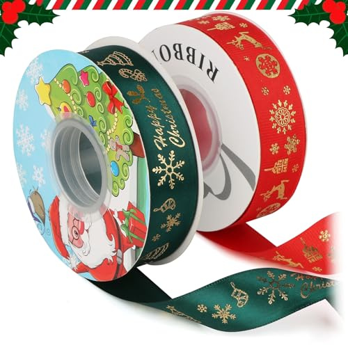 Dwafill Geschenkband Weihnachten, Satinband Weihnachten, Weihnachtsbänder, Schleifenband, für Geschenk Weihnachtsbaum Dekoration (B, 2.5cm)