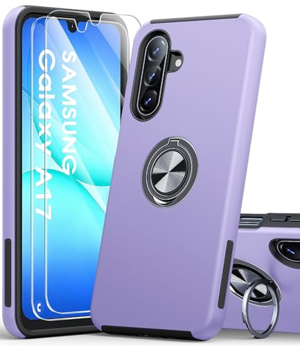 AOUIA for Samsung Galaxy A17 Case with 2-Pack Screen Protector, 3-in-1 Set Cover, 360°Rotating Ring Stand, Military Protection, Shockproof Phone Case for Samsung A17 5G, Purple