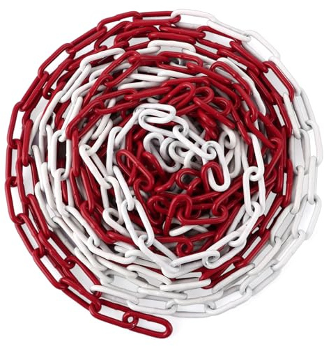 DAJAVE 10M Stahlkette, Absperrkette Rot Weiß Metall aus Ø 5mm Verzinkter Stahl Kette zum Absperren von Flächen, Parkplatzsperre Kette