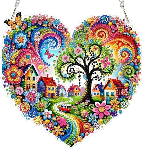 MXJSUA DIY Blumen Dorf Schmetterling Diamond Painting Anhänger mit Kette Erwachsene, Diamant Painting Fensterbilder Hängende Ornament Bastelset Set für Wand Und Eingang Decor 20x20CM
