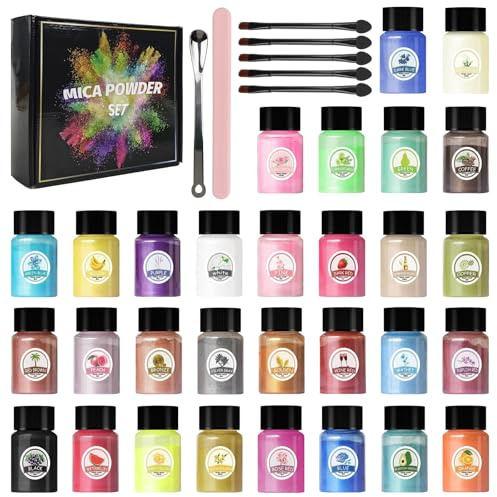 Welhammsae Polvo de Mica, 30 Colores x 10g Pigmentos Para Resina Epoxi, Tintes en Polvo de Perla Para Epoxy Resin, Jabón, Velas, Hacer Joyas, Bombas de Baño, Arte Uñas