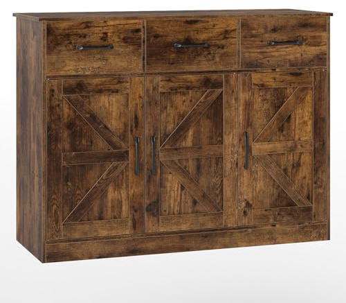 TANGZON Large Buffet Sideboard, Wooden Kitchen Storage Cabinet with 3 Doors, 3 Drawers & Adjustable Shelves, Buffet Cupboard Organiser for Dining Living Room (108x38x81cm,X-panel Door, Rustic Brown)