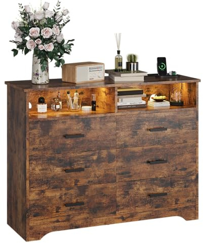 IRONCK Kommode Vintage Braun, Komodenschrank mit LED-Lichtleiste und 2 Steckdosen, Schubladenschrank mit 6 Schubladen und 2 Fächer für Wohnzimmer, Schlafzimmer, Holz, 120 cm breit