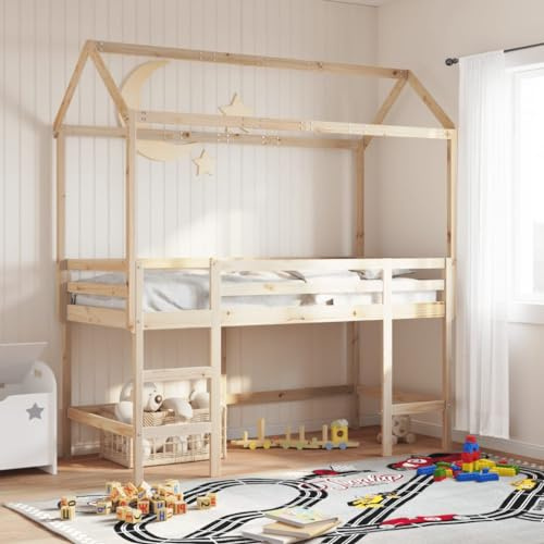 Owoxanthellate Kinder Hochbett Kiefer massiv 90 x 200 cm mit Dach und Leiter Raumspar-Bett 205,5 × 95,5 × 113,5 cm Modern & Stabil für Spiel- und Schlafzimmer