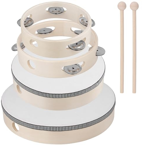 UNGFEI Wooden Hand Drum and Tambourine Set of 4 (6/7/8/10 inch), 20 cm & 25 cm Drums with Sticks, 15 cm & 17 cm Tambourines with Metal Jingles