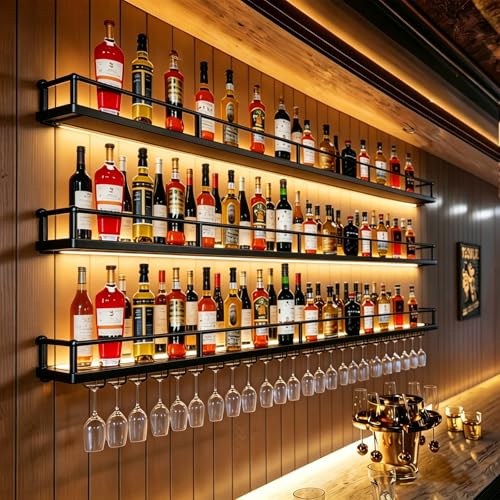 AUSKLEZU Botellero de Pared Industrial con Luz LED, Estante de Vino de Metal 3 Niveles con Portavasos, Multifuncional, Negro/Dorado, Varios Tamaños para Cocina, Bar, Cafetería (Negro, 160CM)