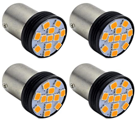 Ruiandsion 4 bombillas LED 1156 7506 BA15S P21W Base 2835 12SMD Chipset 12V LED Bombilla de repuesto para luces traseras de señal de giro inversa, ámbar amarillo