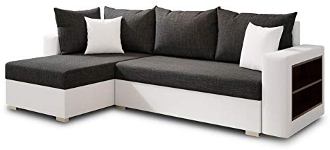 Ecksofa Lord mit Regal und Schlaffunktion - Sofa mit Bettkasten, Schlafsofa, Polsterecke, Couch L-Form, Couchgarnitur, Sofagarnitur (Weiß + Schwarz (Dolaro 511 + Berlin 02), Ecksofa Links)