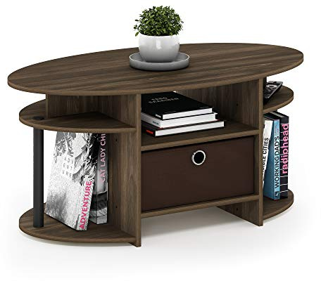 Furinno JAYA Coffee Table, Oval Modern Coffee Table with Shelves and Storage Bin, Side Table, for Living Room, Bedroom, Home Office, Columbia Walnut