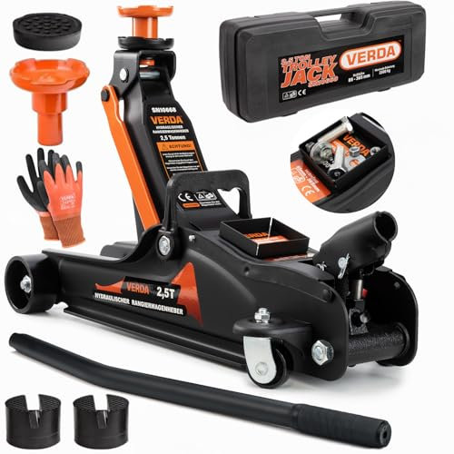 Verda Hydraulischer Wagenheber 2,5T 85-365 mm, 3X Gummiauflage, Koffer, Montagehandschuhe Autoheber Rangierwagenheber Reifenwechsel PKW Geländewagen Wohnmobil