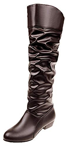 Yowablo Stiefeletten Worker Boots Stiefel Damen Slip-On Vierkantabsatz Einfarbig Hohe Kniehohe Schuhe Runde Zehen (41,Braun)