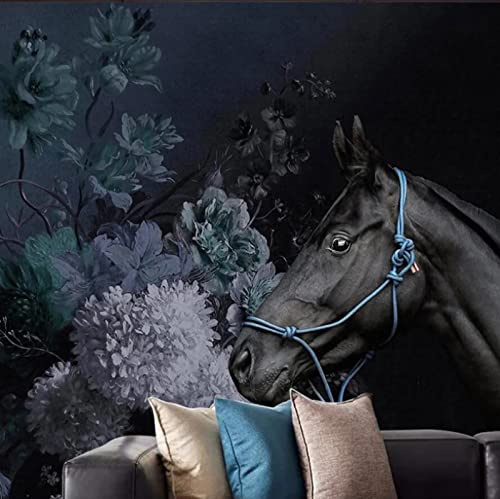 Fototapete 3D Effekt Moderne Handgemalte Hortensie Pferd Schwarz Wandbild Tapete Wohnzimmer Schlafzimmer Wanddekor 350(W) X256(H) Cm