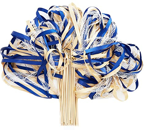 Wishprom 100 Pack Ribbon Wedding Wands Sticks Wedding Party Favors Streamers with Gold Bells and Lace Silk Fairy Wand for Party Activities Baby Shower Holiday Celebration