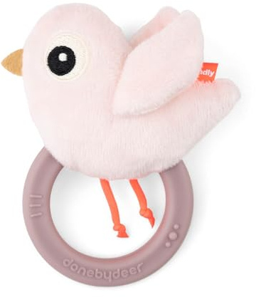 Done by Deer Baby Rassel mit Beißring – Birdee Powder – Sensorikspielzeug ab 0 Monaten – Weiche Greifrassel mit Geräuschen & Strukturen – Zahnungshilfe – BPA-frei & waschbar