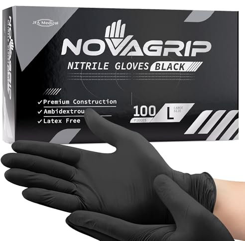Novagrip JFA Medical Mechanic, Tattooist, Tattoo Disposable Powder Free Latex Free Black Nitrile Gloves - Box of 100 (Large)