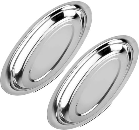 MAGICLULU 2pcs Stainless Steel Oval Plate for Steamed Fish Food Steamer Dish for Restaurant Serving and Kitchen Use