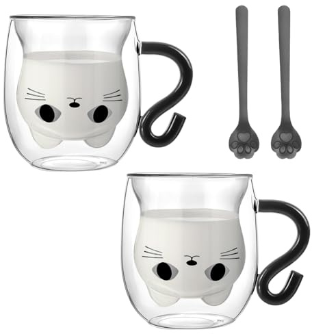 Gohytal 2 PCS Double Wall Glass Coffee Tea Cups, Cat Mugs, Glass Coffee Mug with Spoon, Gifts for Birthday Christmas Valentines Mothers Day, Women Wife Mum Her Grandma Girl Teacher Friend Present