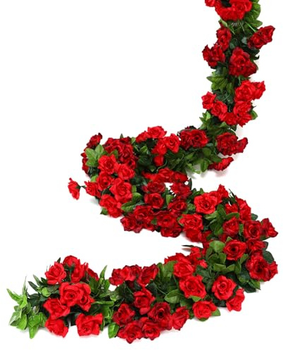 JUSTOYOU 2 guirnaldas de rosas artificiales de doble color de 2,4 metros, enredaderas rojas colgantes, flores de seda artificiales para decoración de exteriores, interiores, bodas, paredes