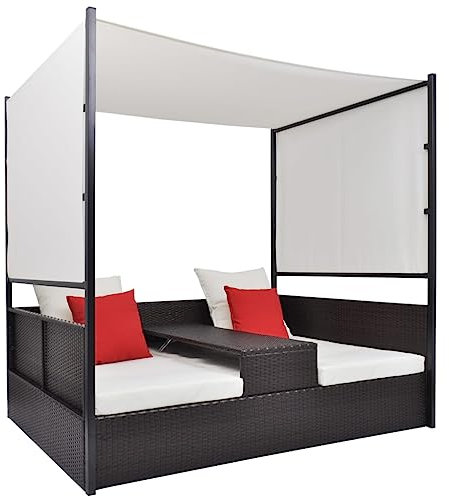 SDWEHO7 Gartensofa mit Baldachin, Sonnenliege Gartenliege Lounge Gartenbank Gartenbett Gartenmöbel Liege Relaxliege Sofabett, Braun 190x130 cm Poly Rattan