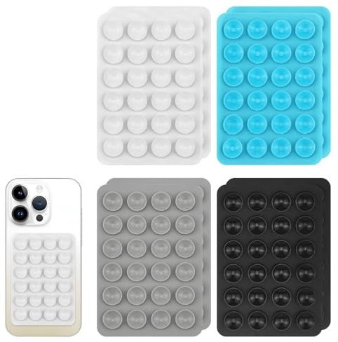 8Pcs Silicone Suction Phone Case, Phone Suction Pad, Non Slip Sticky Phones Grip, Sticky Phones Case for Wall, Mirror, Shower, Glass, Tiles (Black, Grey, White, Blue)