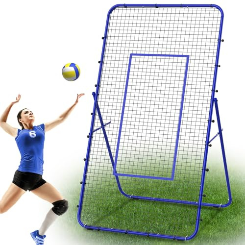 Rimbalzo per Pallavolo Rete, 2,2 x 1,2 m, Attrezzo per Allenamento di Pallavolo con Zona di Battuta per Esercizi di Lacrosse e Baseball, Rete da Pallavolo Regolabile per Interno ed Esterno, Blu