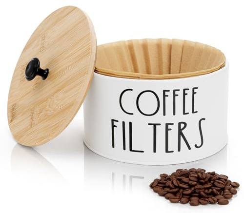 Acshio Coffee Filter Holder with Lid, Metal Round Coffee Filters Storage Container, White Large Coffees Pod Organizer Basket Coffees Bar Decor Accessories for Counter, Farmhouse