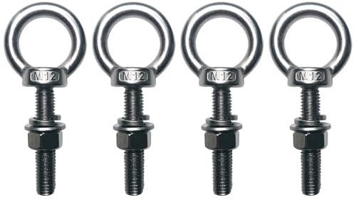 PONEZG Ringschraube M12 x 60mm, 4 Stück Augenschraube mit Sechskantmuttern und Unterlegscheiben, Ösenschraube Edelstahl Einheitsguss, Ringschrauben Augbolzen für Befestigens und Aufhängung Ringbolzen
